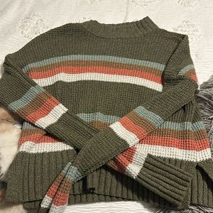 cropped sweater, dark green with stripes of multiple colors